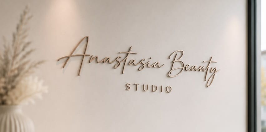 Skilti Anastasia Beauty Studio á vegg stofunnar